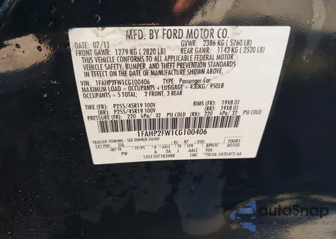 2012 Ford Taurus Limited from USA, damaged, VIN 1FAHP2FW1CG100406